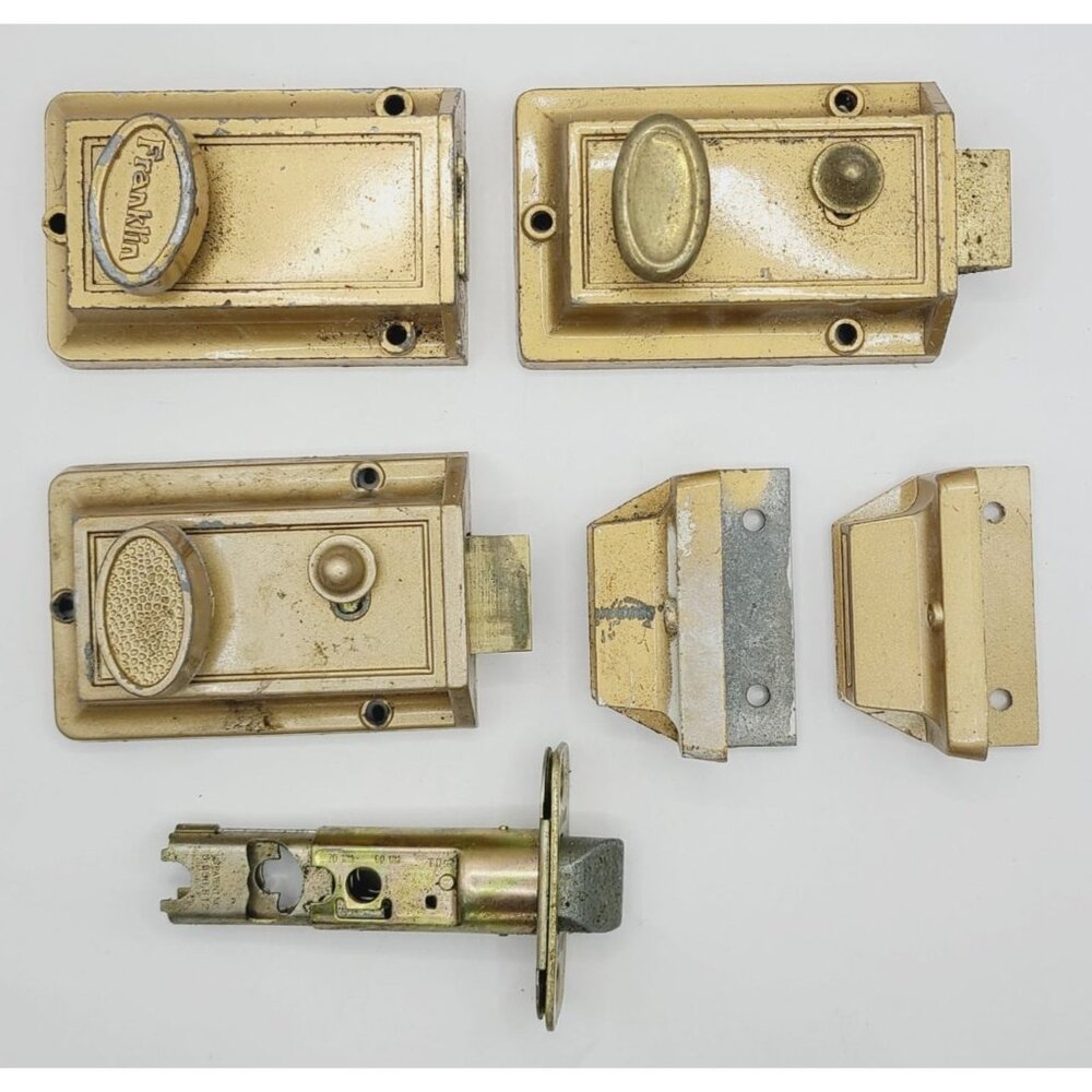 Vintage Brass Door Lock Set With Deadbolt Latch & Strike Plates Cylinder